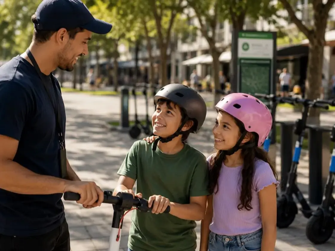 Atendente entregando patinete para clientes com capacete