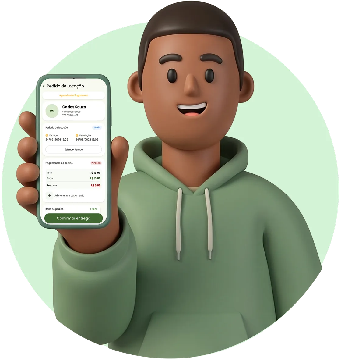 Operador de aluguel usando o app Mob NOW ao lado de bikes e patinetes